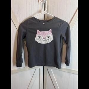 Carters Fleece Shirt Girls Size 7 Long Sleeve Grey With Kitty Appliqué Kids Top